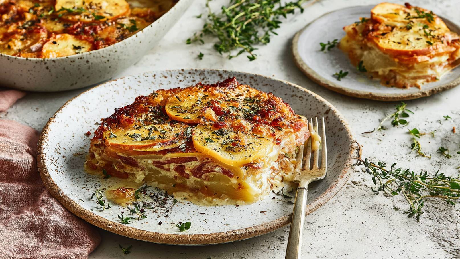Ein heißer Kartoffelauflauf mit knuspriger Oberfläche, garniert mit frischem Thymian. Im Hintergrund liegt ein halbierter Apfel. Der Auflauf ist in einer weißen Auflaufform angerichtet und auf einer rustikalen Unterlage platziert.