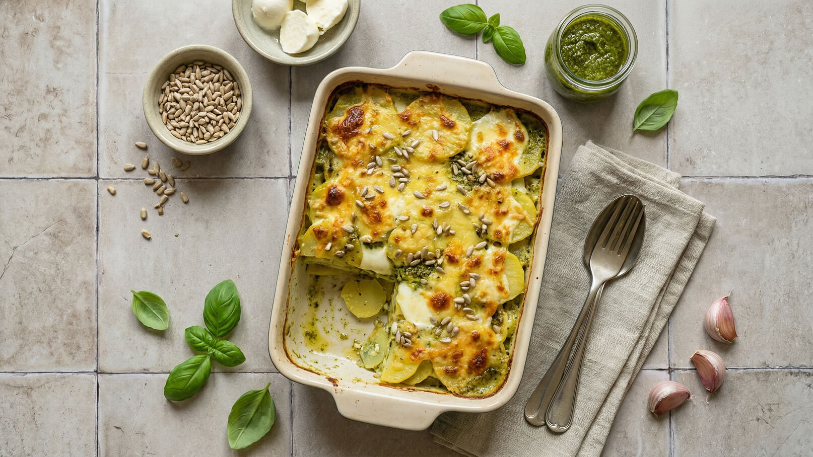 Ein Auflauf in einer hellen Auflaufform, bedeckt mit geschmolzenem Käse und Sonnenblumenkernen. Daneben liegen frische Basilikumblätter, eine kleine Schüssel mit Sonnenblumenkernen und ein Glas Pesto. Der Hintergrund zeigt helle Fliesen.