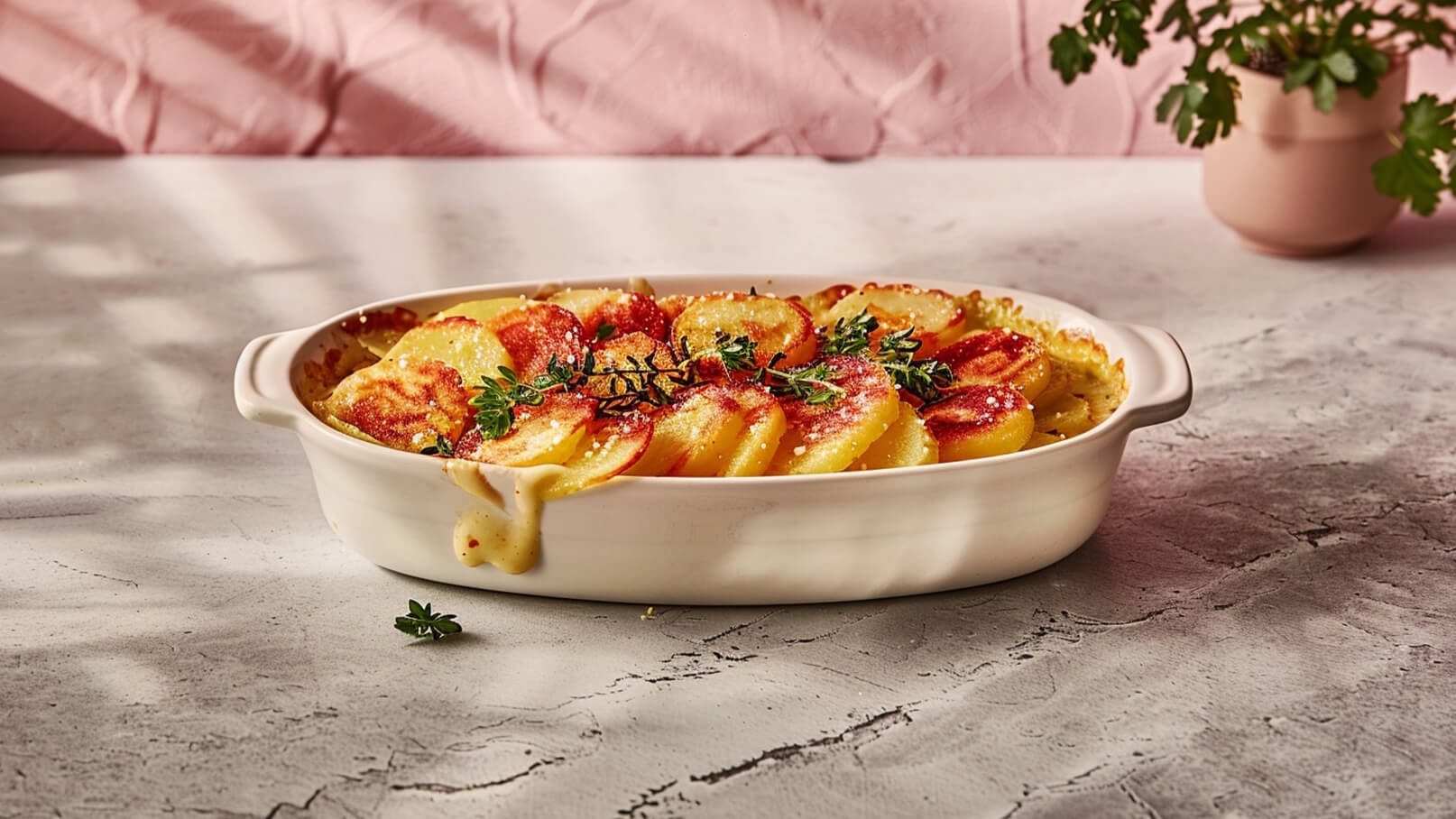 Ein weißes Auflaufform enthält geschichtete, gebackene Kartoffeln, die goldbraun und knusprig sind. Sie sind mit frischem Thymian garniert. Im Hintergrund ist eine zarte, rosa Wand angedeutet, die dem Bild eine gemütliche Atmosphäre verleiht.