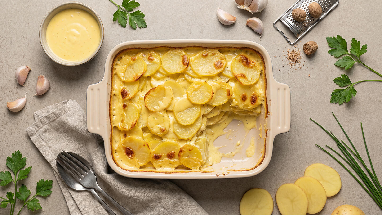 Ein Auflauf aus dünn geschnittenen Kartoffeln, überzogen mit einer cremigen Sauce. Er ist goldbraun gebacken und in einer weißen Auflaufform serviert. Neben dem Auflauf liegen frische Knoblauchzehen, Petersilie und rohe Kartoffelscheiben. Ein Becher mit Sauce befindet sich ebenfalls auf dem Tisch.