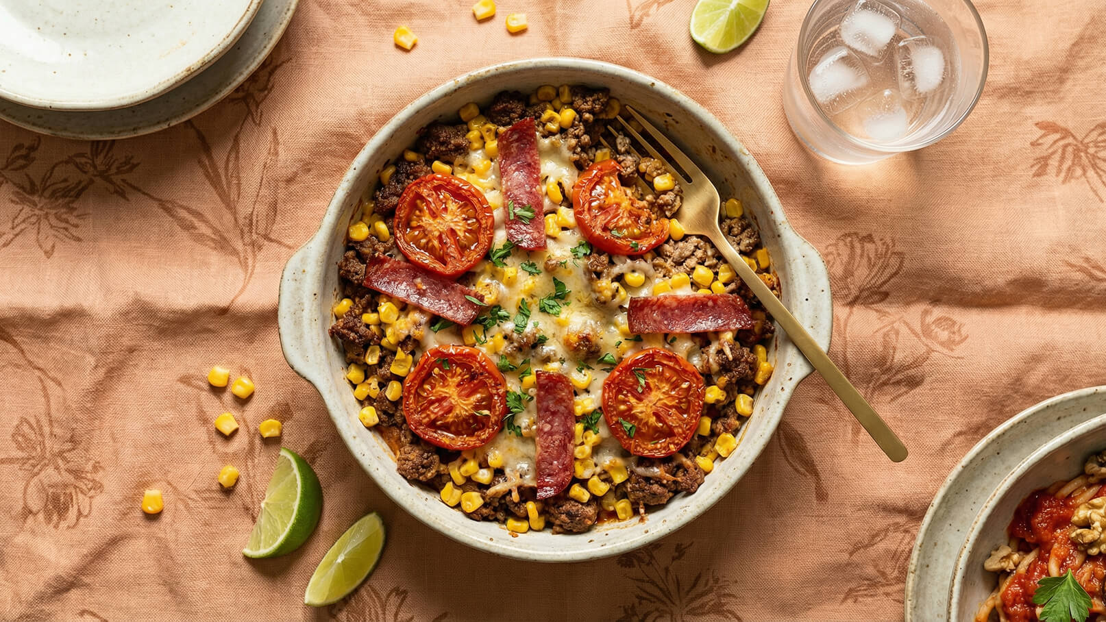 Eine herzhaft gebackene Gericht in einer rundem, weißen Schüssel. Es enthält braunes Hackfleisch, gegrillte Tomatenscheiben, gebratenen Speck, süßen Mais und geschmolzenen Käse, garniert mit frischen Kräutern. Die Schüssel steht auf einem Stofftisch mit einer leicht gemusterten Oberfläche.