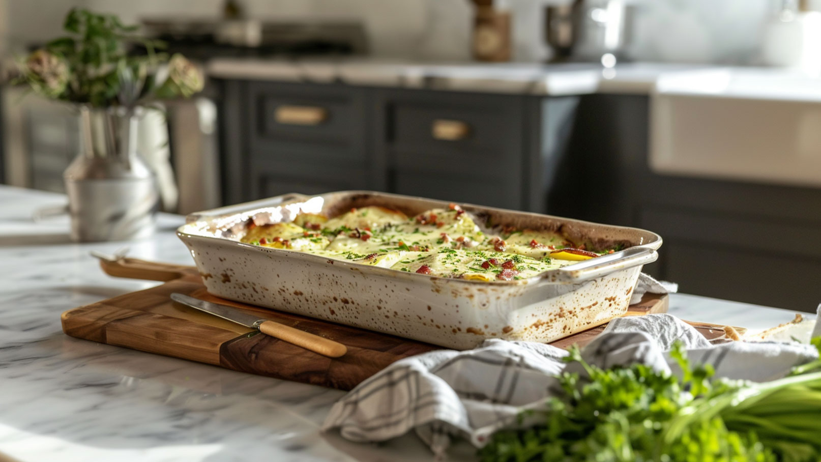 Eine gebackene Auflaufform steht auf einem Holzbrett. Der Auflauf ist mit Käse und Kräutern überbacken. Im Hintergrund sind eine Küchenschürze und frische Kräuter zu sehen. Das Bild vermittelt eine einladende, warme Atmosphäre in einer modernen Küche.