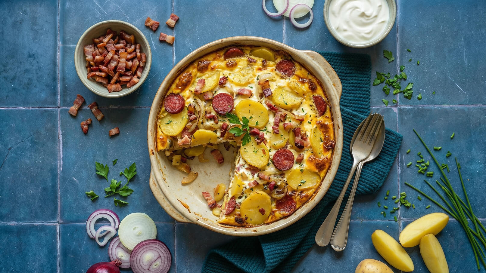 Ein Auflauf ist in einer runden Keramikform zu sehen, gefüllt mit Kartoffeln, Zwiebeln und Wurststücken, sowie mit Käse überbacken. Ein Stück wurde herausgenommen. Daneben liegen frische Zutaten wie Zwiebeln, Schnittlauch und eine Schale mit gewürfeltem Speck.