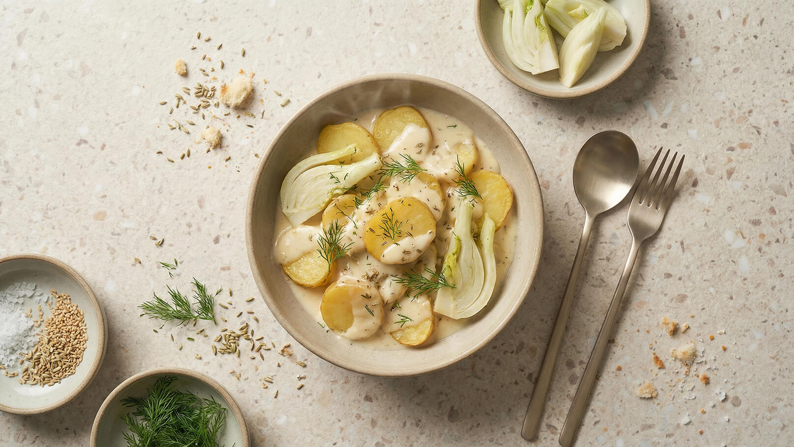 Eine Schüssel mit Kartoffeln in einer cremigen Sauce, garniert mit frischem Dill und Fenchelstücken. Neben der Schüssel liegen zwei Bestecke und kleine Schalen mit Gewürzen, darunter Salz, Sesam und frischer Dill. Der Hintergrund ist hell und strukturiert.