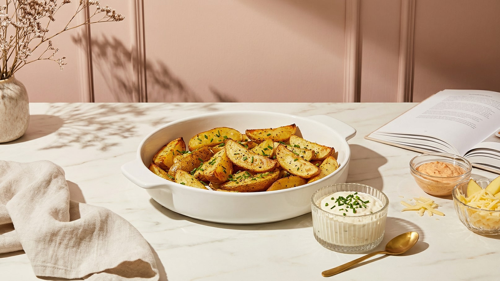 Ein weißes Serviergeschirr enthält knusprige, goldbraun gebratene Kartoffelecken, die mit Schnittlauch garniert sind. Daneben stehen mehrere Schalen mit Dips und eine offen liegende Rezeptbuchseite. Der Hintergrund ist in sanften Rosa-Tönen gehalten.