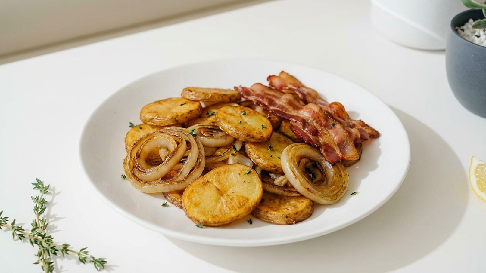 Ein weißer Teller mit goldbraun gebratenen Kartoffelscheiben und Zwiebelringen. Daneben liegen einige Stücke knusprigen Specks. Die Speisen sind mit frischen Kräutern garniert und ergeben ein herzhaftes, appetitliches Gericht.