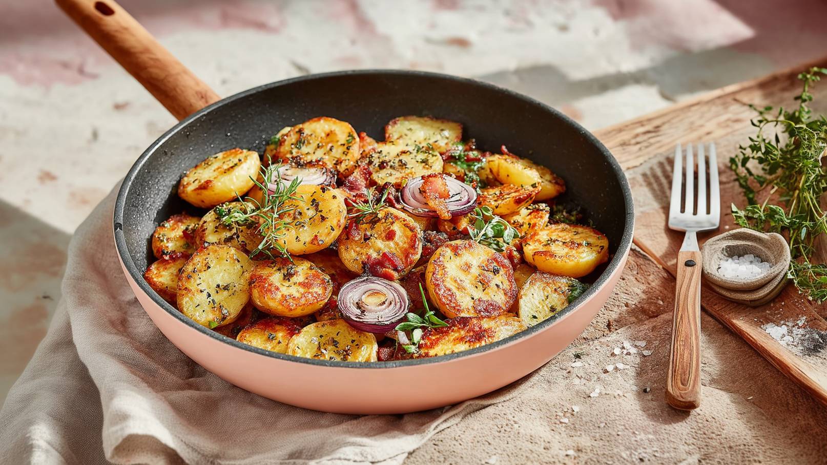 Eine Pfanne mit goldbraun gebratenen Kartoffelscheiben und roten Zwiebeln, garniert mit frischen Kräutern. Die knusprigen Kartoffeln liegen auf einem hellen Untergrund und vermitteln einen appetitlichen Eindruck. Daneben sind ein Besteck und Salz in kleinen Schalen zu sehen.