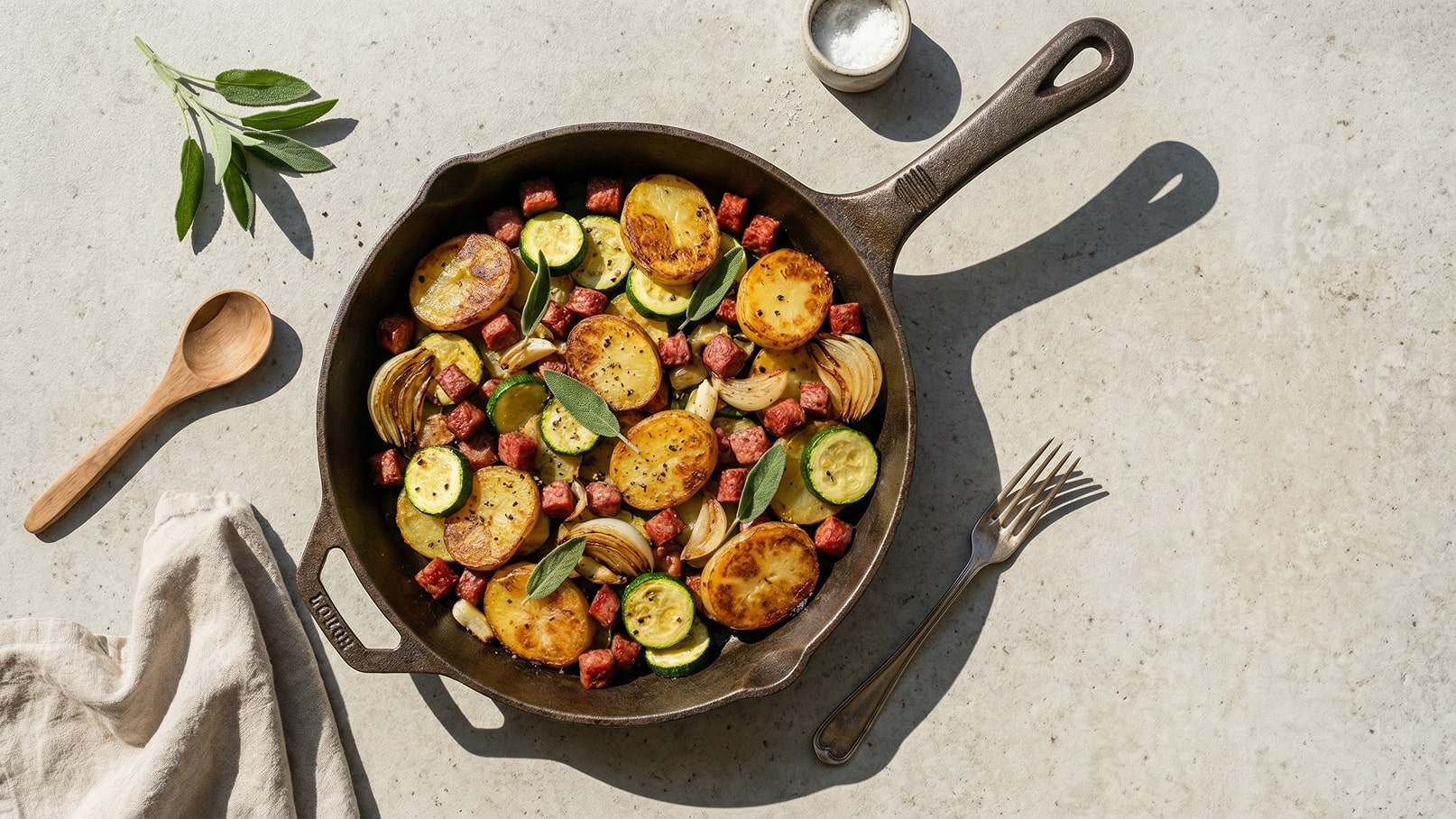 In einer gusseisernen Pfanne befinden sich gebratene Kartoffelscheiben, Zucchini, Zwiebeln und gewürfelter Fleischwurst, garniert mit frischen Salbeiblättern. Im Hintergrund liegt ein Holzlöffel und ein Besteck liegt neben der Pfanne.