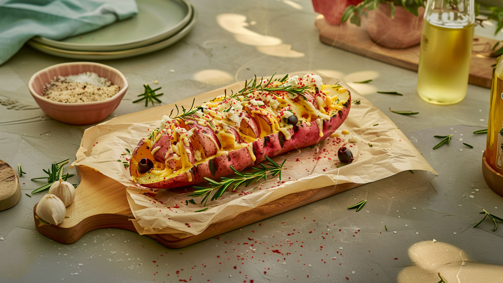 Ein aufgeschnittener, gegrillter Süßkartoffel, gefüllt mit einer bunten Mischung aus Käse, Kräutern, und Gewürzen, liegt auf einem Holzbrett. Daneben sind Knoblauchzehen und eine Schüssel mit grobem Salz zu sehen. Der Untergrund ist schlicht.