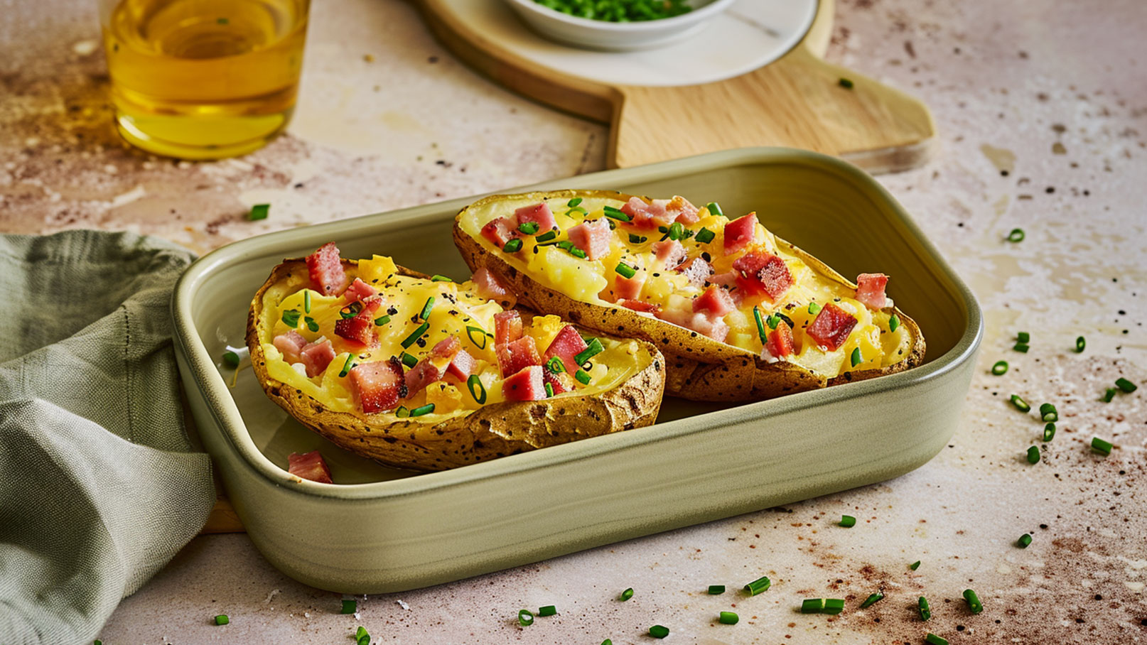 Zwei gebackene Kartoffeln in einer Schüssel, gefüllt mit einer Mischung aus Käse, Schinken und Schnittlauch. Die Kartoffeln sind leicht knusprig und mit schwarzem Pfeffer bestreut. Im Hintergrund sind einige frische Schnittlauchröllchen und ein Glas Öl sichtbar.