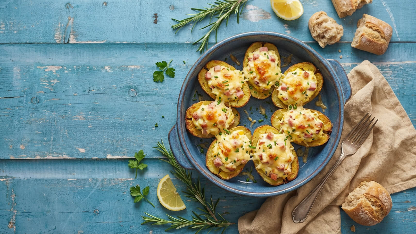 Ein blauer Teller mit gefülltenKartoffeln, die mit Käse und Schinken überbacken sind. Neben dem Teller liegen frische Kräuter, ein Zitronenschnitz und ein Stück Brötchen auf einer rustikalen Holzoberfläche.