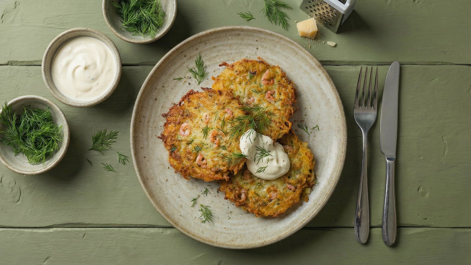 Ein Teller mit knusprigen Kartoffelpuffern, garniert mit frischem Dill und einem Klecks saurer Sahne. Neben dem Teller befinden sich Schalen mit Dill und saurer Sahne sowie Besteck. Der Hintergrund ist grün gestrichen.