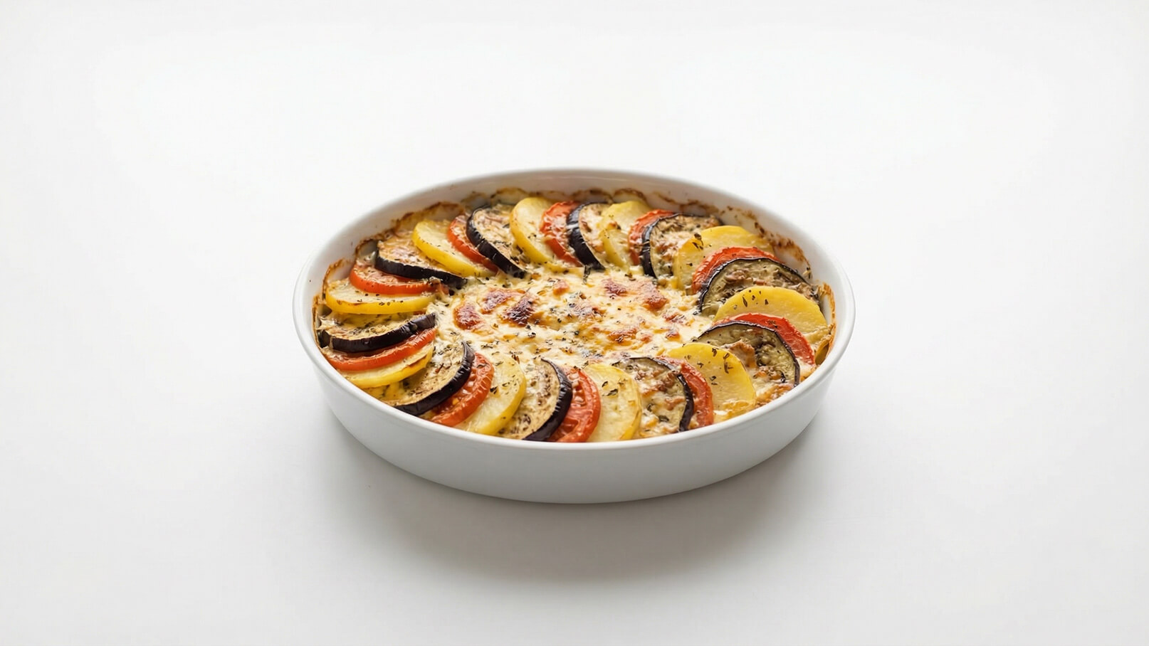 Ein runder Auflauf aus verschiedenen Gemüsesorten wie Auberginen, Zucchini und Tomaten, arrangiert in einer dekorativen Schichtung. Die Oberfläche ist goldbraun gebacken und mit Käse bestreut, umgeben von einem weißen Rand des Auflaufform.