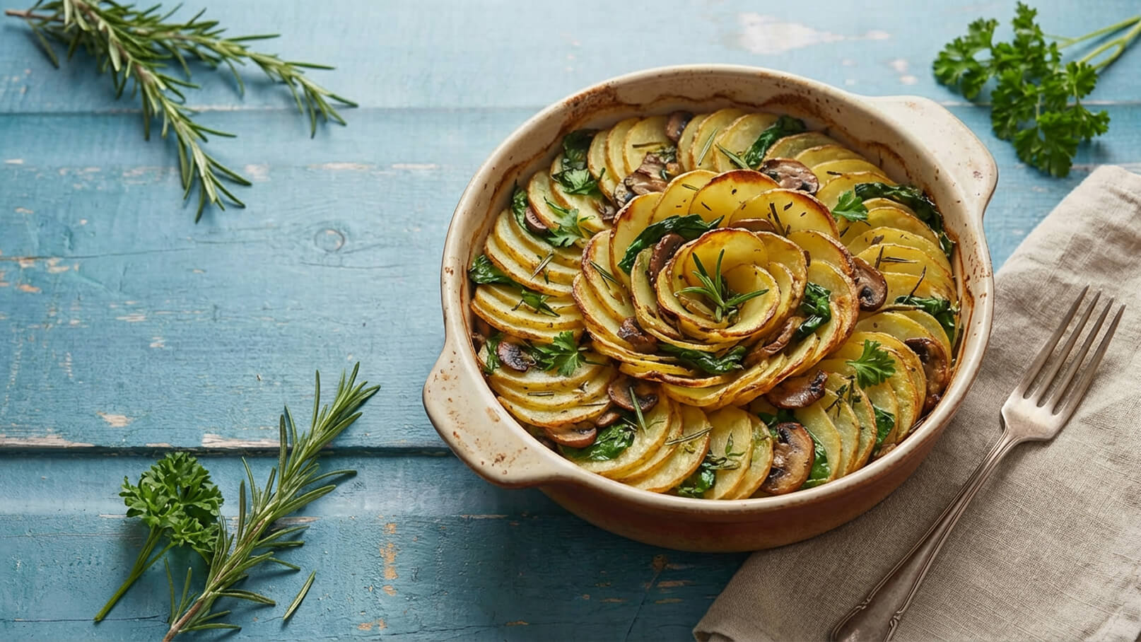 Eine herzförmige Auflaufform mit geschichteten, goldbraun gebackenen Kartoffelscheiben und Pilzen, garniert mit frischen Kräutern. Der Hintergrund besteht aus einem blauen Holzuntergrund und einem grauen Geschirrtuch mit einer Gabel.