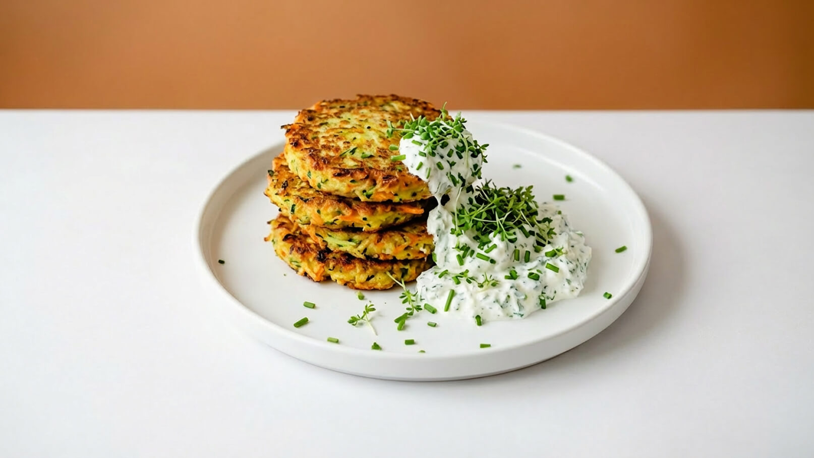 Ein Teller mit drei goldbraun gebratenen Kartoffelpuffern, die übereinander gestapelt sind. Neben ihnen befindet sich ein Klecks frischer Kräuterdip, garniert mit Schnittlauch. Der Hintergrund ist in einem sanften Braunton gehalten.