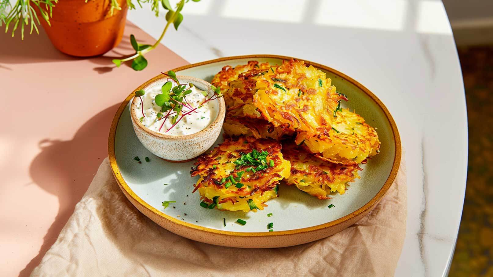Ein Teller mit goldbraunen Kartoffelpuffern, garniert mit frischem Schnittlauch. Neben den Puffern befindet sich eine kleine Schüssel mit einer cremigen Sauce, die ebenfalls mit Kräutern verziert ist. Der Hintergrund zeigt eine Tischoberfläche und eine Pflanze.