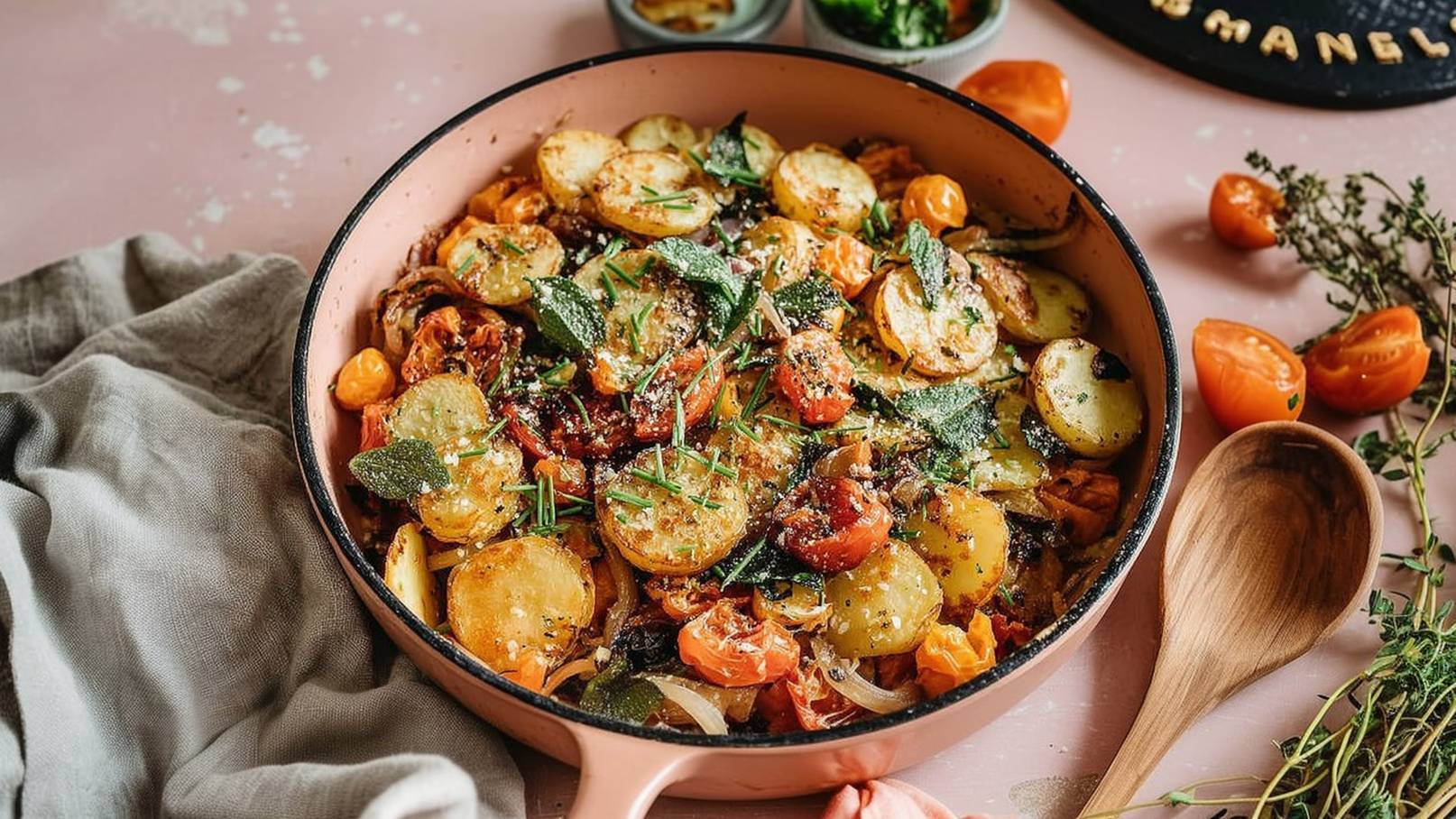 Eine runde Pfanne mit gebackenem Gemüse, darunter Kartoffeln, Tomaten und frische Kräuter. Die farbenfrohe Mischung ist mit Gewürzen bestreut. Neben der Pfanne liegt ein Holzlöffel und im Hintergrund befinden sich einige frische Kräuter und halbierte Tomaten.