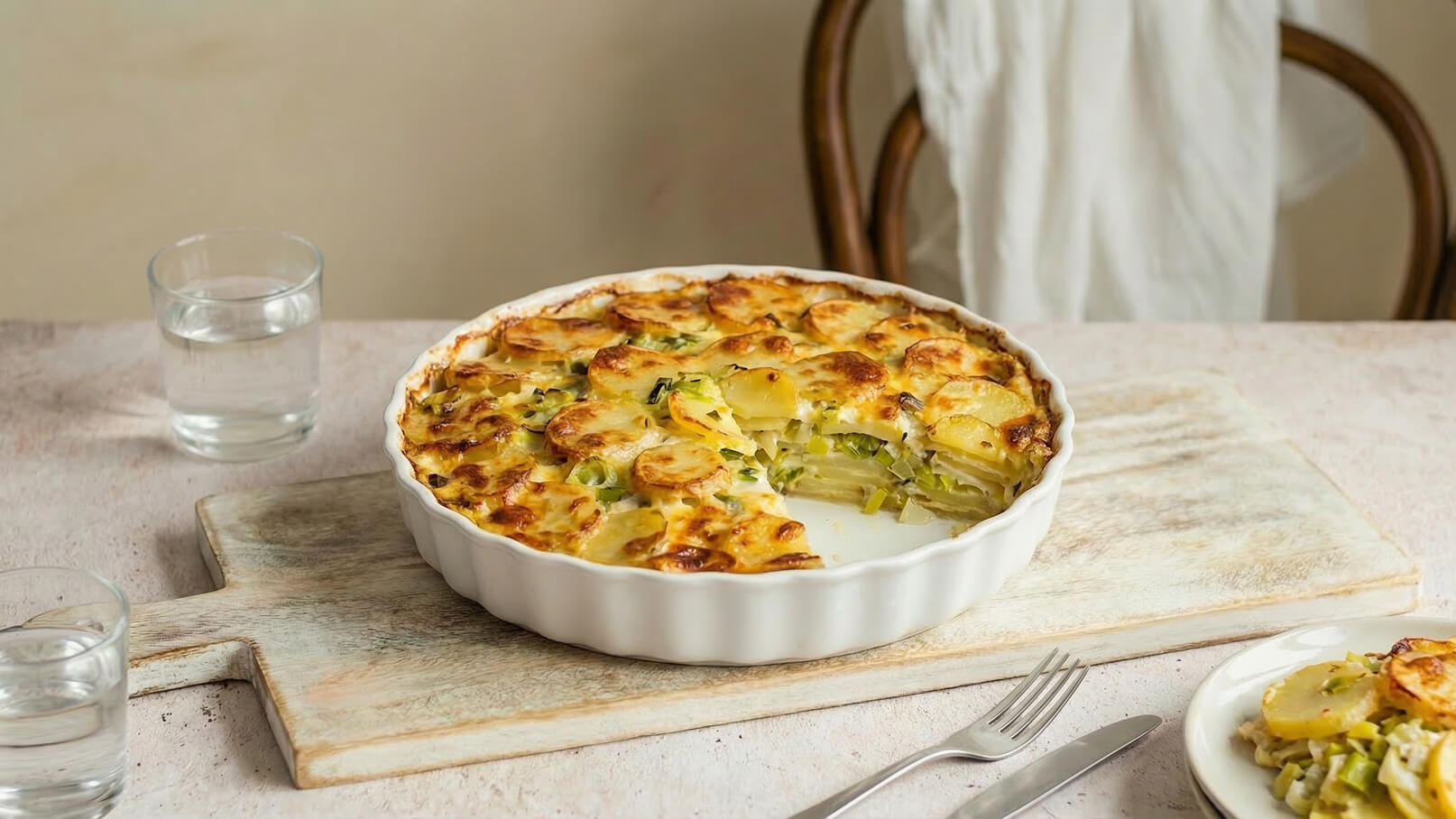 Ein Auflauf mit goldbraunem Käsebelag und dünn geschnittenen Kartoffeln. Die Füllung besteht aus einer Mischung von Kartoffeln und Lauch. Der Auflauf ist in einer runden weißen Form angerichtet und steht auf einem Holzbrett, daneben gibt es einen Teller mit einer Portion des Auflaufs.