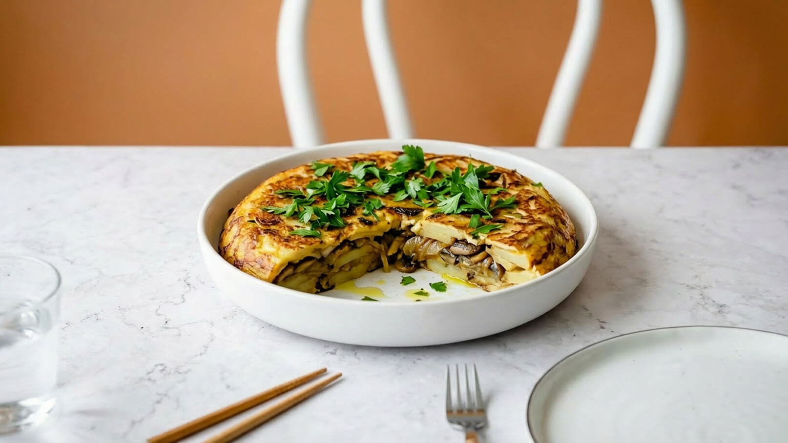 Ein durchgeschnittenes Gericht aus Kartoffeln und Pilzen, dekoriert mit frischer Petersilie, in einer weißen Schüssel. Der Hintergrund ist in sanften Erdtönen gehalten, während der Tisch mit einer marmorierten Oberfläche und Besteck gedeckt ist.
