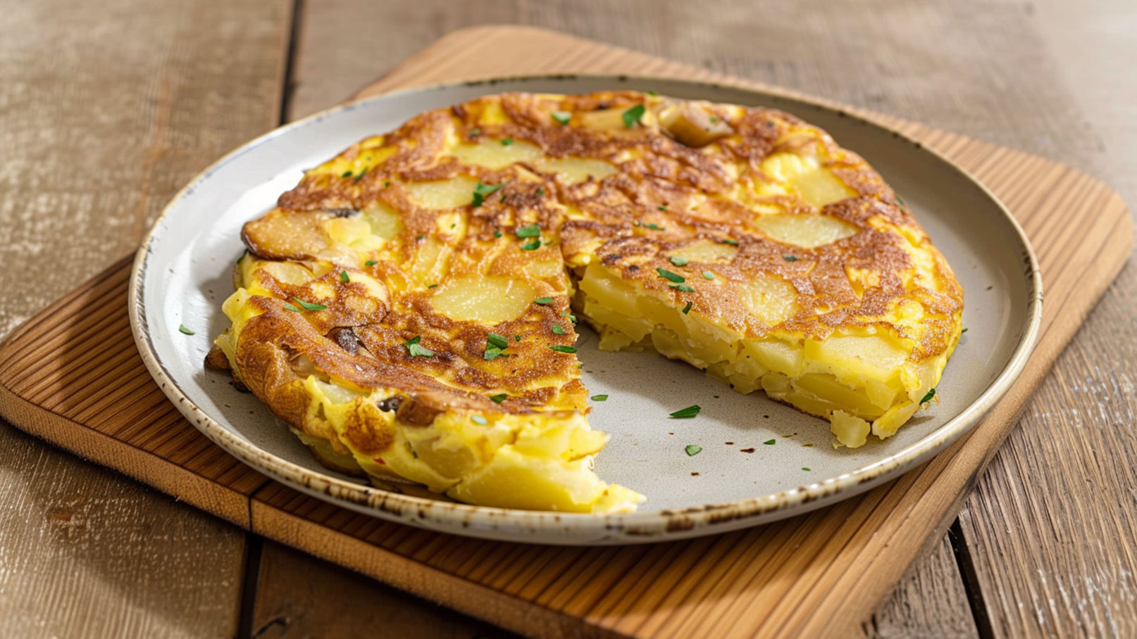 Ein Teller mit einer Portion Tortilla, einer spanischen Kartoffel-Ei-Speise. Die Tortilla ist goldbraun und enthält sichtbare Kartoffelscheiben. Ein Stück wurde herausgenommen, und die Oberfläche ist mit frischen Kräutern garniert. Der Teller befindet sich auf einem Holzbrett.