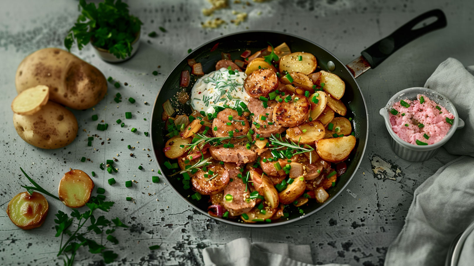 Eine Pfanne mit goldbraun gebratenen Kartoffeln und Wurstscheiben, garniert mit frischen Kräutern. Daneben befindet sich ein Schälchen mit einer cremigen Sauce und eine weitere Schale mit einer rosa Paste. Im Hintergrund liegen rohen Kartoffeln und frische Kräuter.