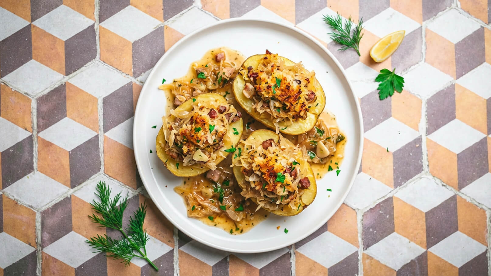 Auf dem Bild sind drei gefüllte Äpfel auf einem weißen Teller zu sehen. Die Äpfel sind mit Sauerkraut, Fleisch und einer goldbraunen Kruste gefüllt und liegen in einer cremigen Sauce. Der Teller ist auf einem gemusterten Untergrund platziert, umgeben von frischen Kräutern und einer Zitronenscheibe.