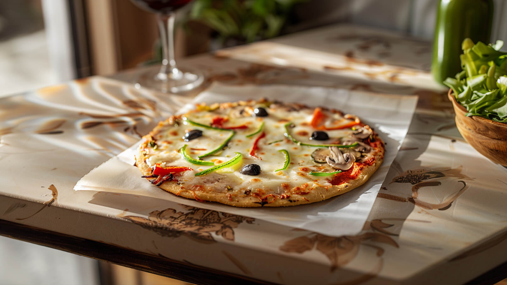 Eine frisch gebackene Pizza mit geschmolzenem Käse, belegt mit roten Paprika, grünen Paprikastreifen, schwarzen Oliven und Champignons. Die Pizza liegt auf einem weißen Papier, umgeben von einem Tisch mit floralen Mustern. Im Hintergrund ist eine Schüssel mit frischem Gemüse sichtbar.
