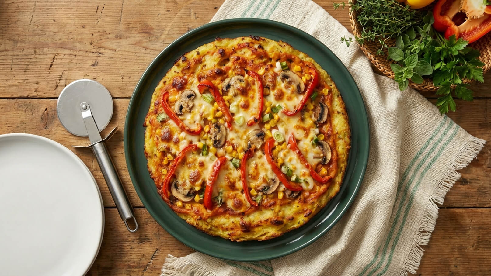 Eine frisch gebackene Pizza auf einem grünen Teller. Die Pizza ist belegt mit Käse, roten Paprikastreifen, Mais, frischen Frühlingszwiebeln und Champignons. Sie liegt auf einem Holztablett, neben einem leeren weißen Teller und einem Pizzaschneider.