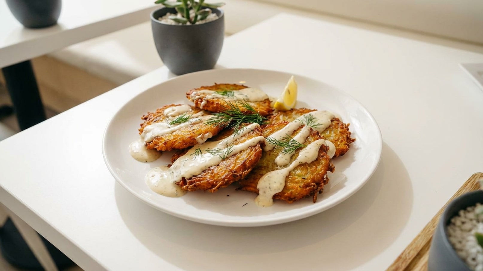 Ein Teller mit knusprigen Kartoffelpuffern, die mit einer cremigen Sauce und frischen Dillzweigen garniert sind. Eine Zitronenscheibe liegt ebenfalls auf dem Teller. Im Hintergrund steht ein kleiner Topf mit einer Pflanze.