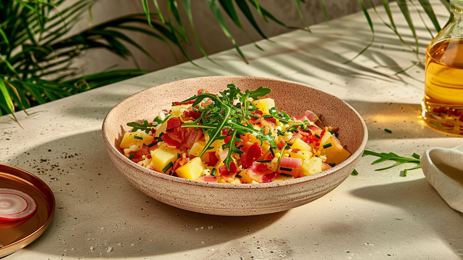 Ein rundes Schüsselchen mit buntem Salat, der aus klein geschnittenen Kartoffeln, Speck, Radieschen und frischem Rucola besteht. Der Salat ist mit Kräutern garniert und auf einem hellen Tisch präsentiert, umgeben von Pflanzen.