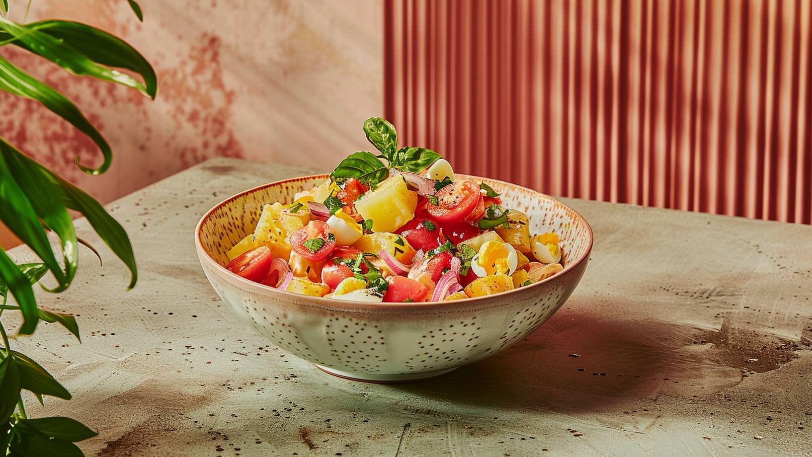 Eine Schüssel mit buntem Salat, der aus Tomaten, Ananasstücken, Eiern und frischem Basilikum besteht. Der Salat ist farbenfroh und ansprechend angerichtet, auf einem Tisch platziert, mit einem strukturierten Hintergrund und einem Hauch von Pflanzen im Vordergrund.