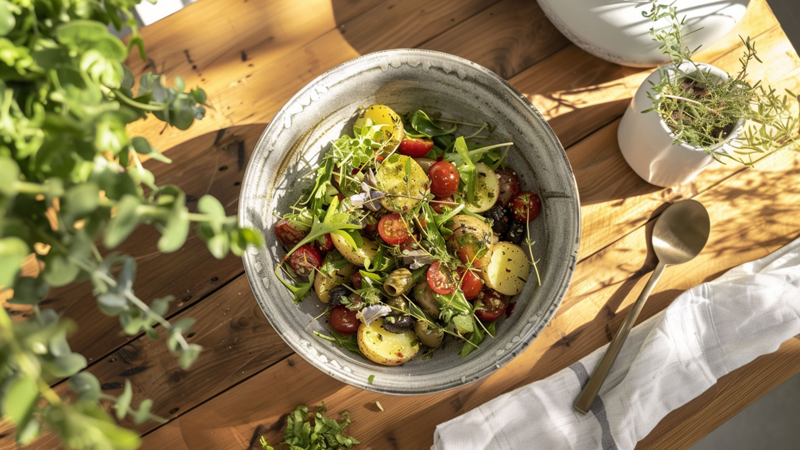 Eine Schüssel mit einem bunten Salat aus Kirschtomaten, kleinen Kartoffeln, grünem Salat und Kräutern steht auf einem Holztisch. Neben der Schüssel liegt ein goldenes Besteck und ein weißes Stofftuch. Pflanzen sind im Hintergrund sichtbar.