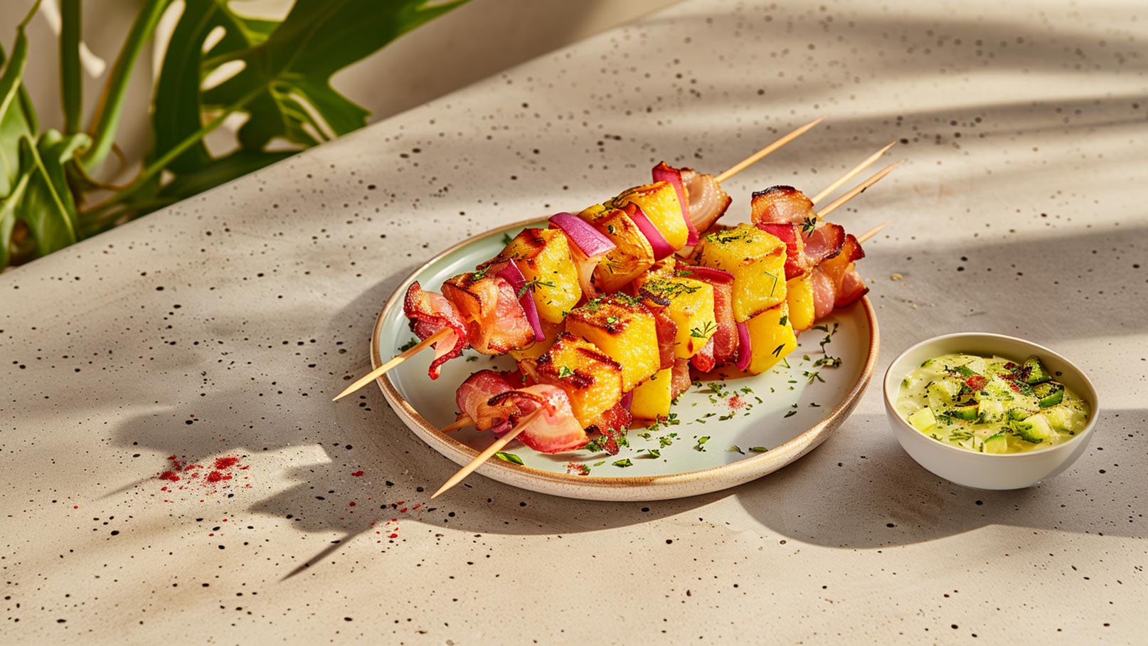 Auf einem Teller liegen Grillspieße mit Stückchen von Ananas, Zwiebeln und Bacon, garniert mit frischen Kräutern. Neben dem Teller befindet sich eine kleine Schüssel mit einer cremigen Sauce, dekoriert mit einigen grünen Zutaten.