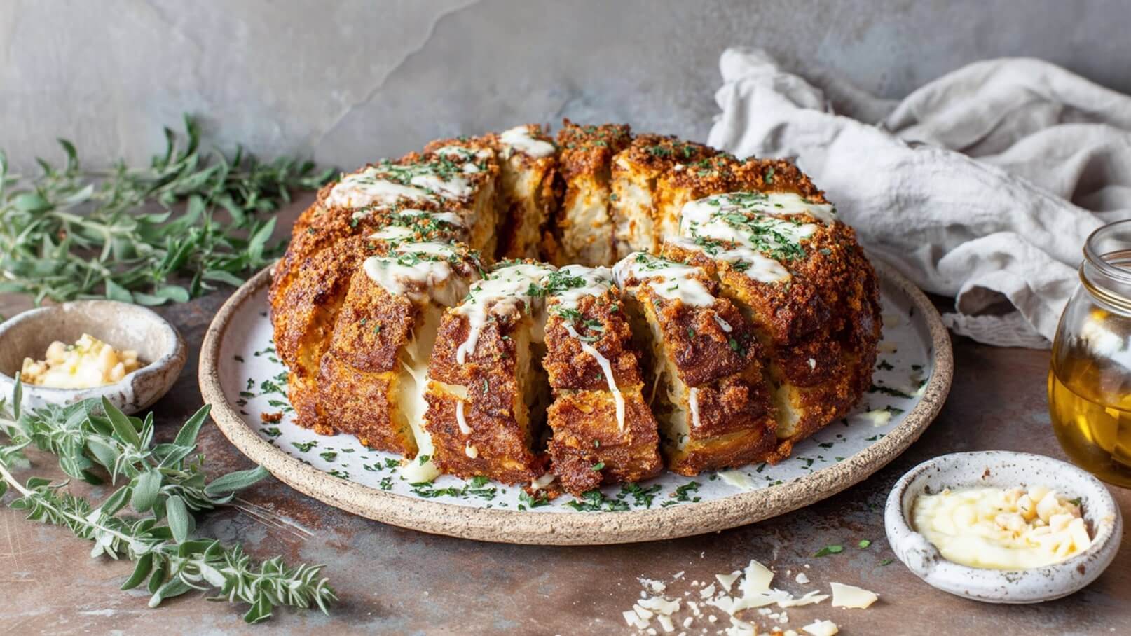 Ein frisch gebackener, goldbrauner Kuchen steht auf einem Teller. Er ist mit einer cremigen Sauce und frischen Kräutern verziert. Einige Stücke sind bereits herausgeschnitten. Neben dem Kuchen befinden sich eine kleine Schüssel mit Käse und ein Glas mit Öl.