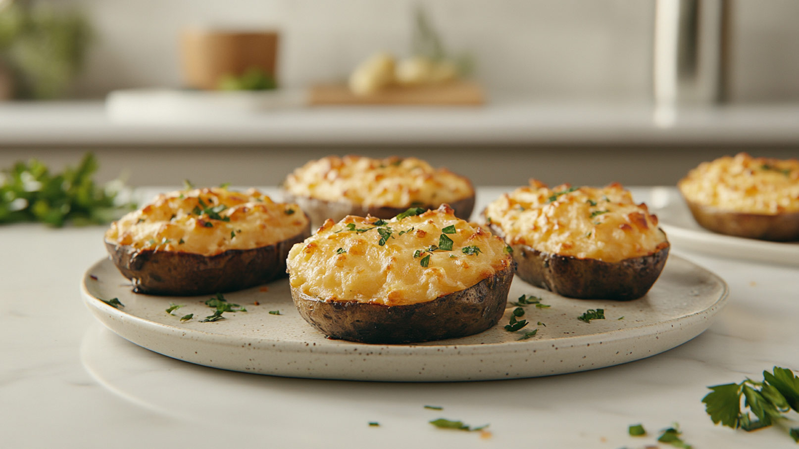 Auf dem Bild ist eine große Kartoffel zu sehen, die mit köstlich geschmolzenem Käse überbacken ist. Als frische und dekorative Note liegt frischer Schnittlauch auf der Kartoffel verteilt. Rundherum um die Kartoffel herum liegen weitere Schnittlauchsprenkel. Die goldbraune, knusprige Kruste des Käses und das leuchtende Grün des Schnittlauchs bilden einen ansprechenden Kontrast. 