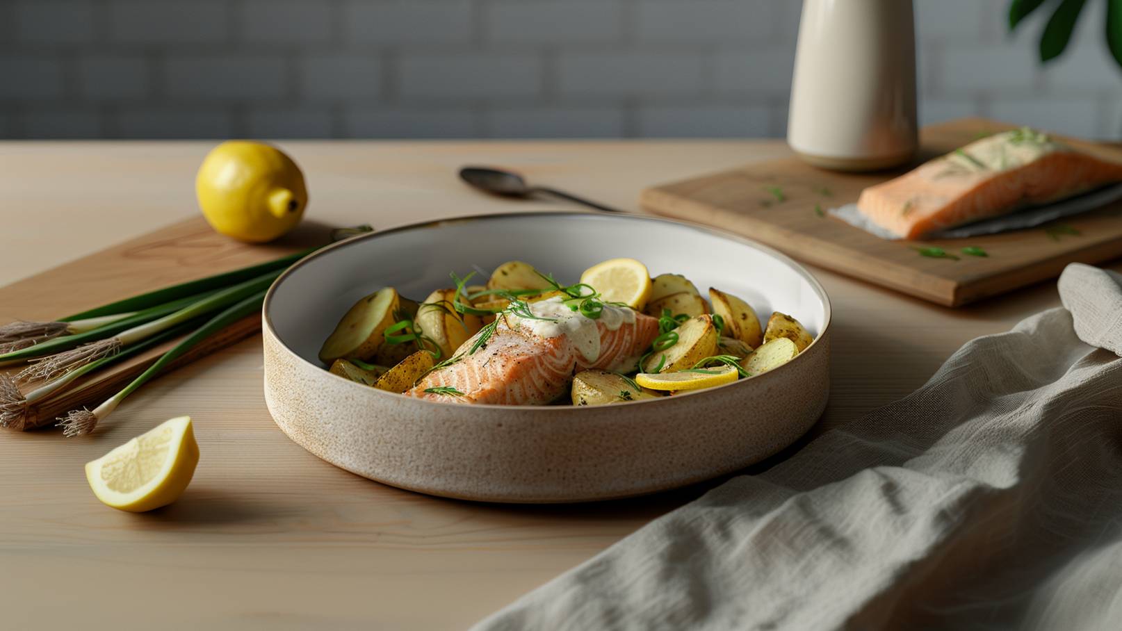 Ein Teller mit gebackenem Lachs, umgeben von kleinen, goldbraun gerösteten Kartoffeln und frischen Zitronenscheiben. Das Gericht ist mit grünen Zwiebeln garniert. Daneben liegen eine Zitronenhälfte und einige Frühlingszwiebeln. Im Hintergrund ist ein Holzbrett mit einer Lachsportion sichtbar.