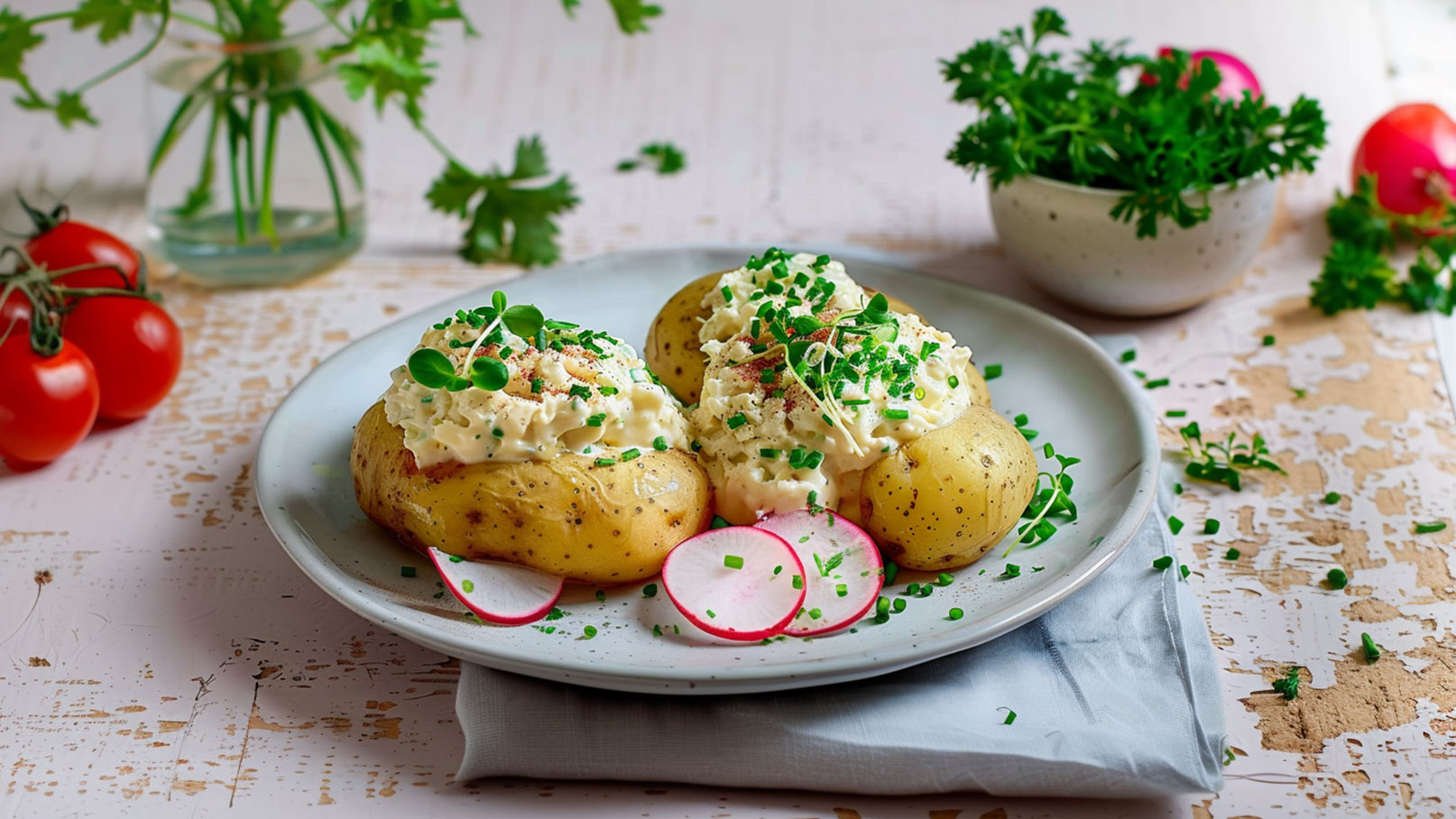 Auf einem weißen Teller liegen zwei Backkartoffeln, belegt mit einer cremigen Füllung, garniert mit frischen Kräutern und Sprossen. Daneben sind einige Radatschenscheiben zu sehen. Im Hintergrund stehen Tomaten und ein Gefäß mit frischen Kräutern.
