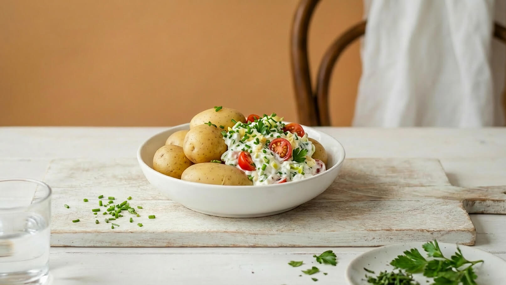 Ein Teller mit gekochten Kartoffeln und einem cremigen Salat, der kleine Tomaten und frische Kräuter enthält, befindet sich auf einem Holzbrett. Im Hintergrund ist ein Stuhl und eine helle Wand zu erkennen. Ein Glas Wasser steht daneben.