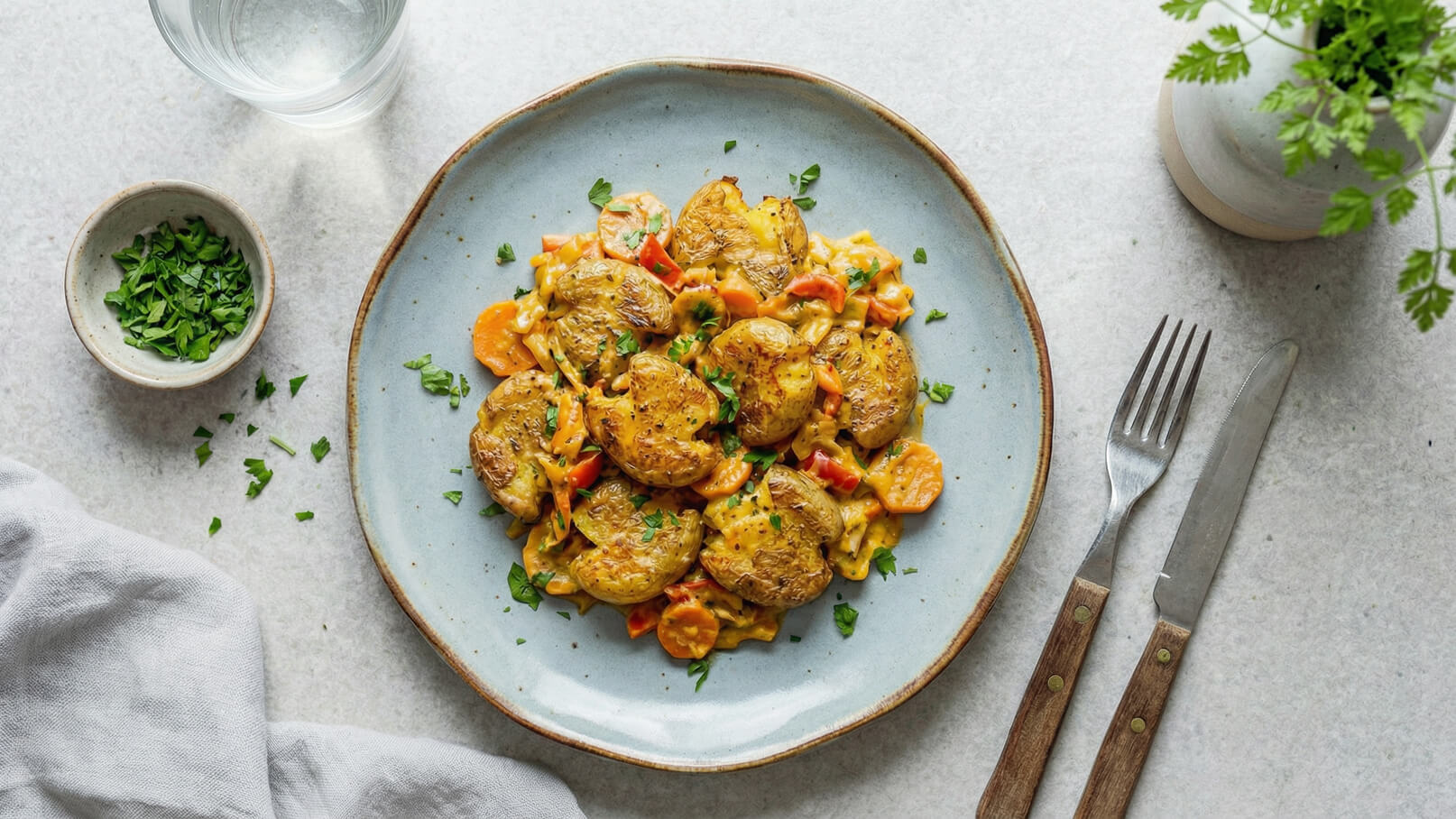 Ein Teller mit goldbraun gebratenen Kartoffeln, umgeben von buntem Gemüse wie Karotten und Paprika in einer cremigen Soße. Frisch gehackte Petersilie ist darüber gestreut. Neben dem Teller befindet sich ein kleiner Schälchen mit frischer Petersilie und Besteck.