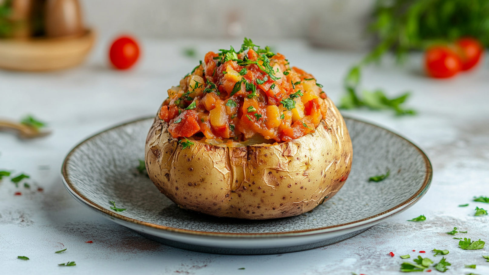 Das Bild zeigt drei mit Gemüse gefüllte Kartoffeln auf einem rustikalen Holzbrett, umgeben von einzelnen Zutaten im Hintergrund. Die herzhafte Mahlzeit verspricht ein schmackhaftes und ausgewogenes Geschmackserlebnis. Die rustikale Präsentation auf dem Holzbrett verleiht dem Bild eine behagliche Atmosphäre.
