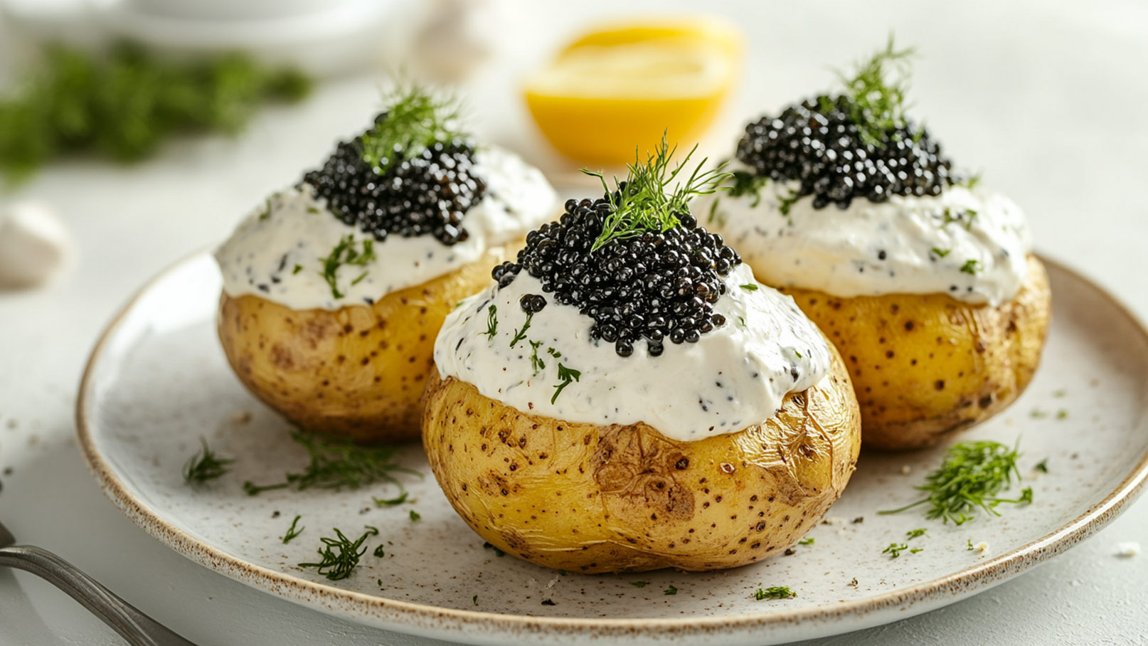 Das Bild präsentiert aufgeschnittene Kartoffeln, die großzügig mit einer delikaten Kaviarcreme übergossen und mit frischen Kräutern verziert sind. Die Kontraste zwischen der cremigen Kaviarcreme, den herzhaften Kartoffeln und den frischen Kräutern bieten ein ansprechendes Zusammenspiel von Geschmack und Textur. Die prächtige Anrichtung auf einem weißen und blauen Teller unterstreicht die Eleganz und Exklusivität dieses Gerichts. 