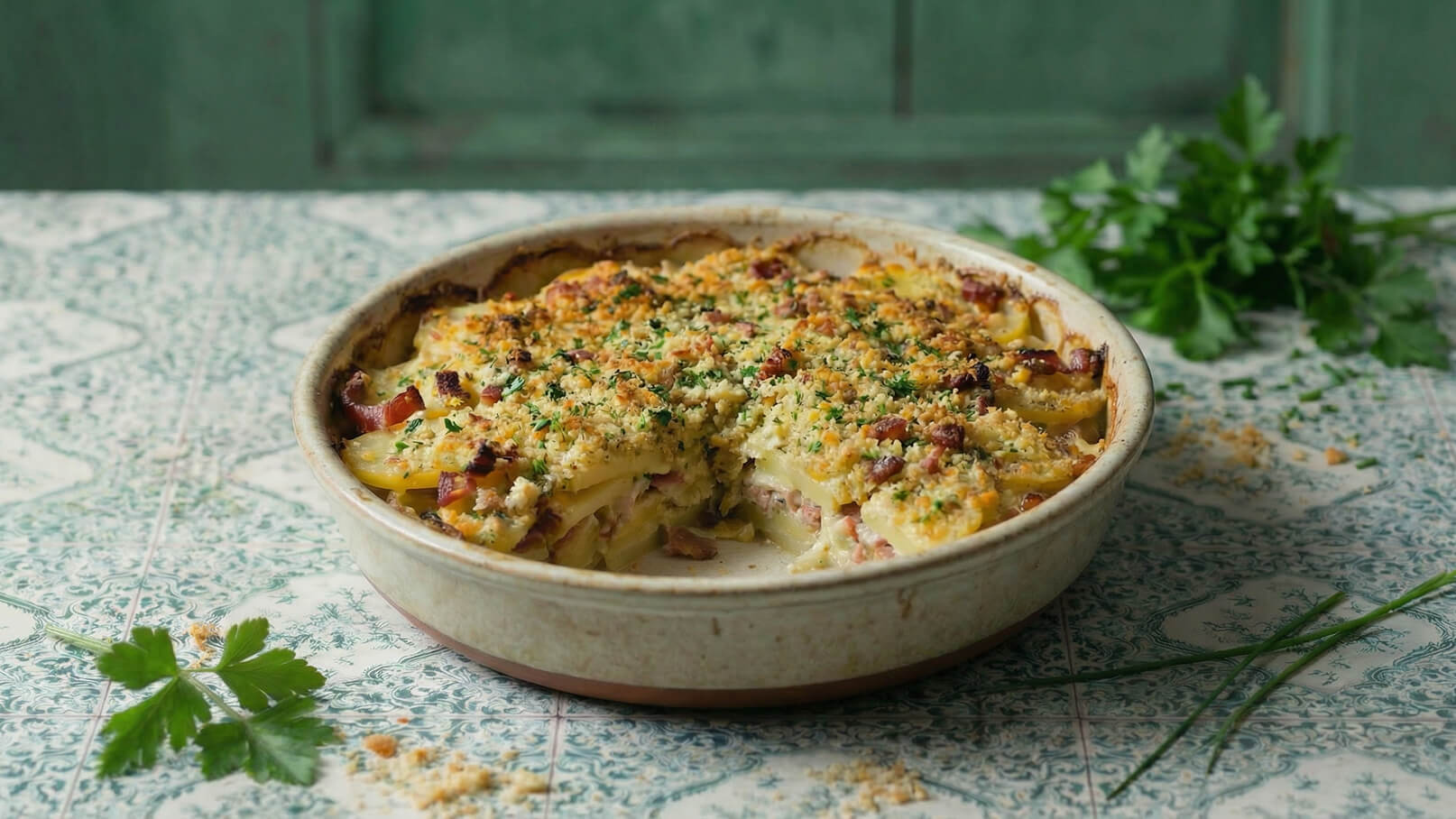 Ein tiefes Gefäß mit einer frisch gebackenen Auflaufgratin. Die oberste Schicht ist goldbraun und knusprig, bedeckt mit Semmelbröseln und Kräutern. Sichtbare Schichten aus Kartoffeln und Speck sind darunter. Der Auflauf steht auf einem gemusterten Tisch.