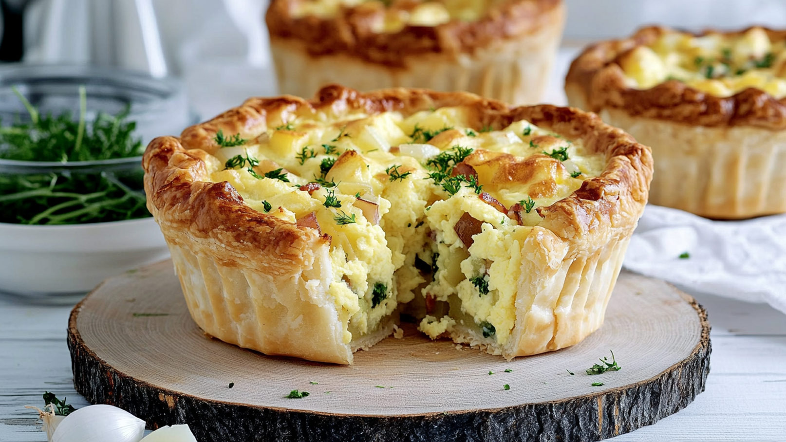 Auf dem Bild ist ein saftiger Pillekuchen auf einem eleganten grauen Teller zu sehen. Der Pillekuchen ist großzügig mit frischen Basilikumblättern garniert, die eine frische und aromatische Note verleihen. Die grünen Blätter bilden einen schönen Kontrast zur goldenen Kruste des Kuchens. Im Hintergrund sind weitere Basilikumblätter zu erkennen, die eine angenehme und beruhigende Atmosphäre schaffen.
