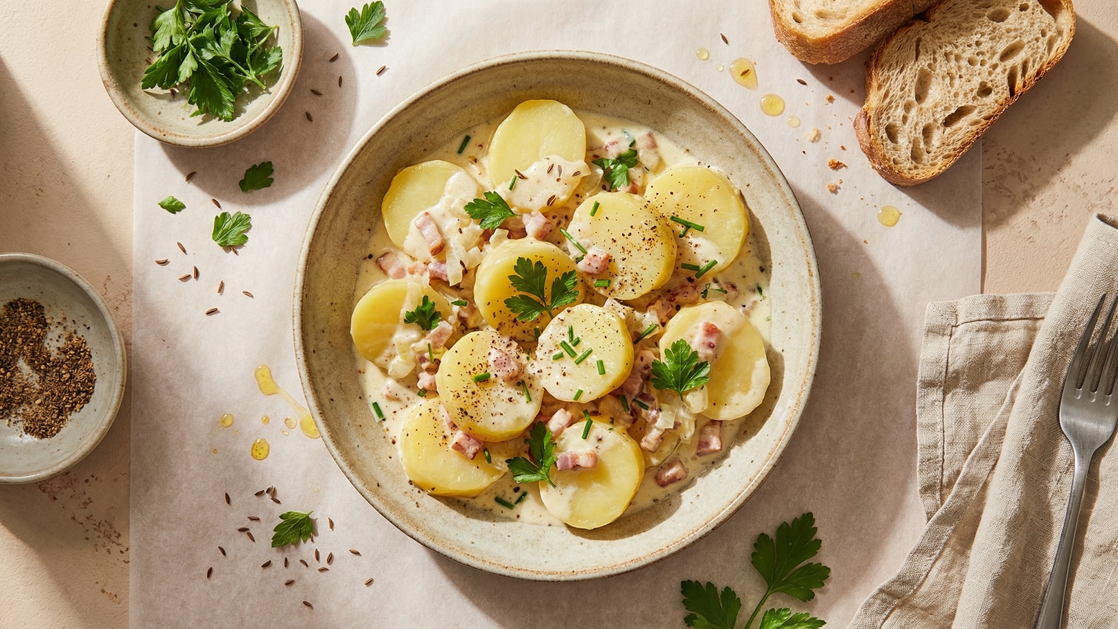 Ein Teller mit cremigen Kartoffeln, garniert mit frischem Schnittlauch und Petersilie, ist abgebildet. Die Kartoffeln sind mit kleinen Stückchen Schinken umgeben. Neben dem Teller liegt ein Stück Brot und eine kleine Schüssel mit Gewürzen.