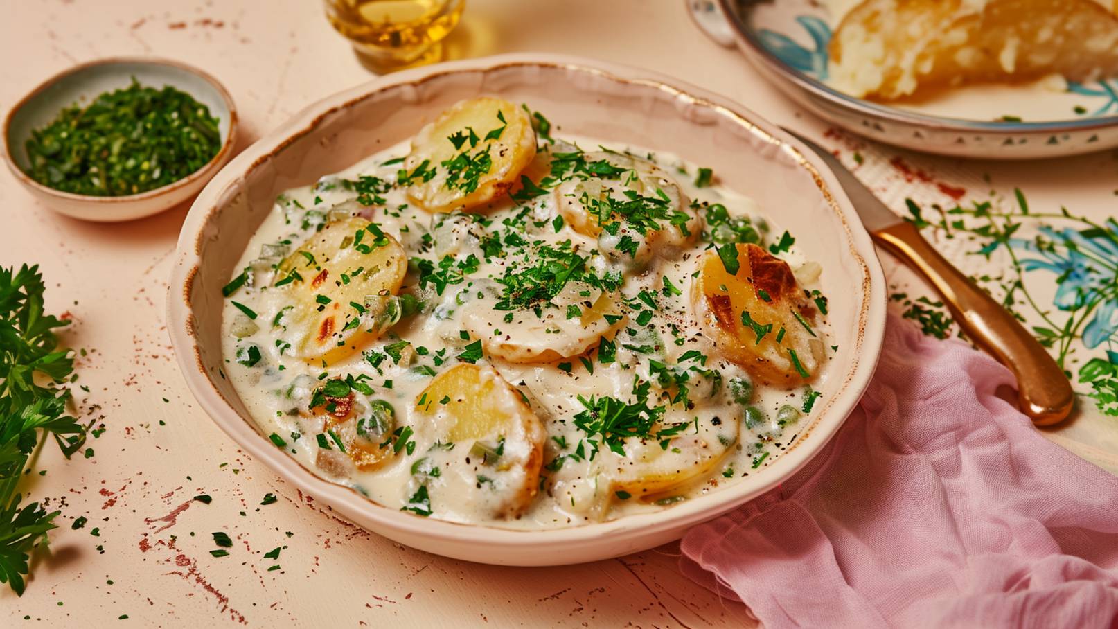 Ein Teller mit cremigem Gericht, der Scheiben von Kartoffeln und Erbsen enthält, garniert mit frischem Kräutern. Die Sauce ist hell und dickflüssig. Im Hintergrund sind ein Glas Öl und eine Schüssel mit gehackten Kräutern sichtbar.