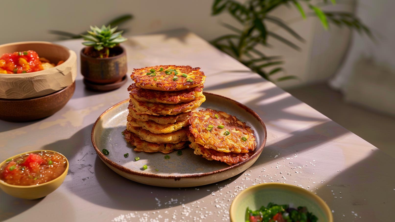 Ein Teller mit einem Stapel goldbrauner Kartoffelpuffer, garniert mit grünen Zwiebeln. Daneben befinden sich zwei kleine Schalen: eine mit einer fruchtigen Sauce und eine mit grüner Salatmischung. Der Hintergrund zeigt einen hellen, lichtdurchfluteten Raum.