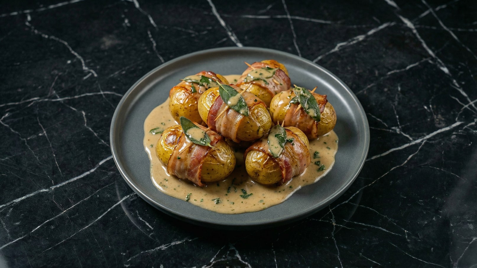 Auf dem Bild ist ein Teller mit mehreren knusprig gebratenen Kartoffeln zu sehen, die in Speck gewickelt sind. Sie liegen in einer cremigen, hellbraunen Sauce und sind mit frischen Kräutern, darunter Salbeiblätter, garniert. Der Hintergrund ist dunkel und marmoriert.