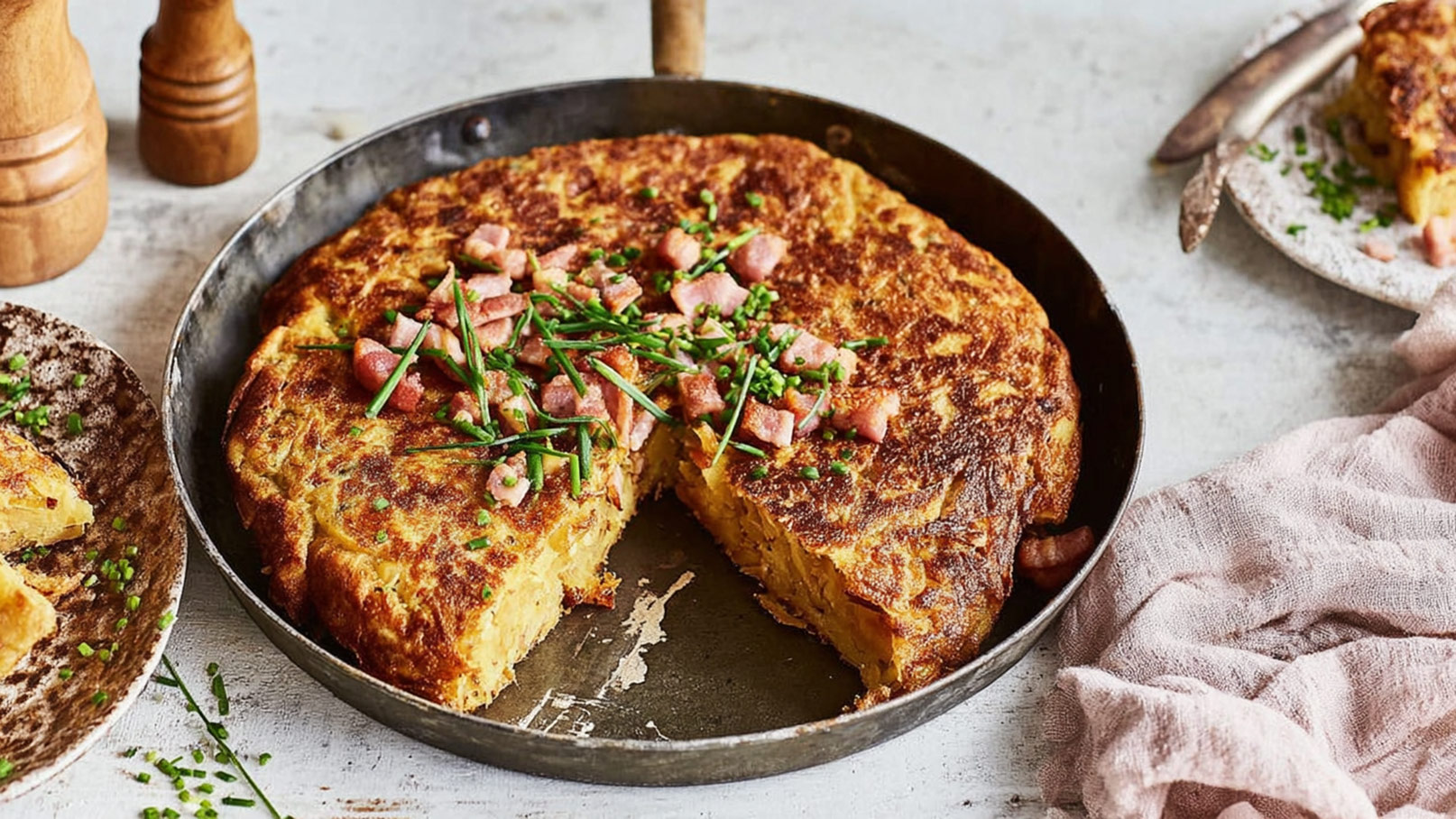 Ein rundes Omelett, goldbraun gebraten, liegt in einer Pfanne. Es ist mit feingehacktem Schnittlauch und gewürfeltem Schinken garniert. Ein Stück des Omeletts ist herausgeschnitten. Neben der Pfanne befindet sich ein kleinerer Teller mit einem weiteren Stück Omelett.