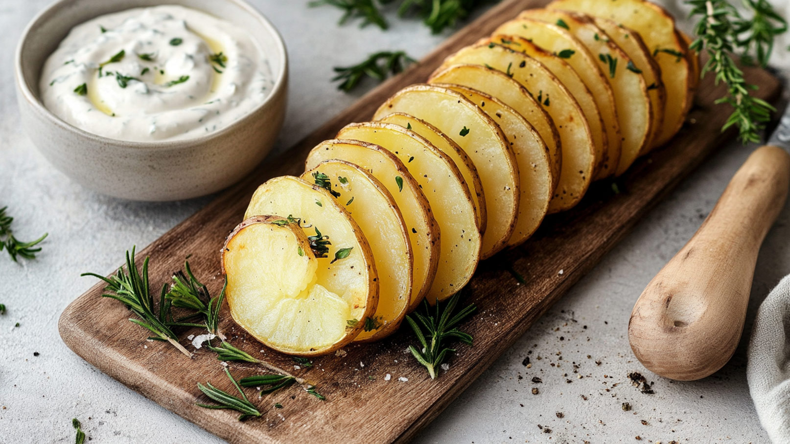 Auf dem Bild leuchtet eine Fülle von frischem, grünem Rucola, der sich in saftigen, üppigen Blättern präsentiert. In der Mitte des Rucolas liegt eine schwedische Fächerkartoffel. Die Kartoffeln sind in dünne Scheiben geschnitten und fächerartig aufgereiht, sodass sie sich zu einem eleganten und ansprechenden Muster formen. Der Kontrast zwischen dem satten Grün des Rucolas und dem goldenen Braun der knusprigen Kartoffeln ist sowohl visuell ansprechend als auch verlockend für den Geschmackssinn.
