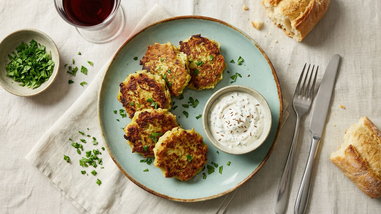 Ein Teller mit goldbraunen Gemüse-Puffern, garniert mit frischen Kräutern, steht auf einem hellblauen Geschirr. Daneben befindet sich eine kleine Schüssel mit Joghurt-Dip und etwas Brot. Im Hintergrund ist ein Glas mit rotem Getränk zu sehen.